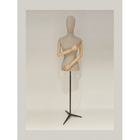 Buste de vitrine femme en lin naturel et base tripode Buste de vitrine femme en lin naturel et base tripode